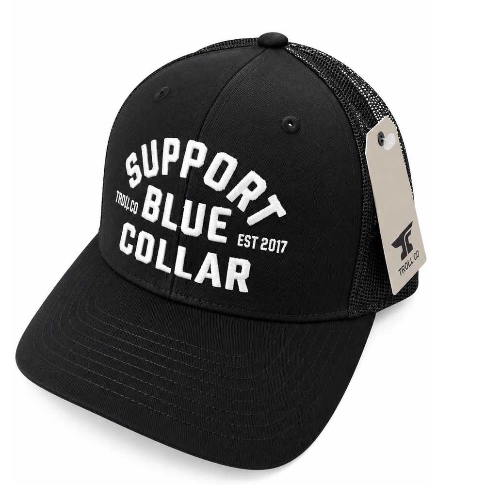 Troll Co Support Blue Collar Trucker Hat Black Curved Brim Snapback Cap TC3255